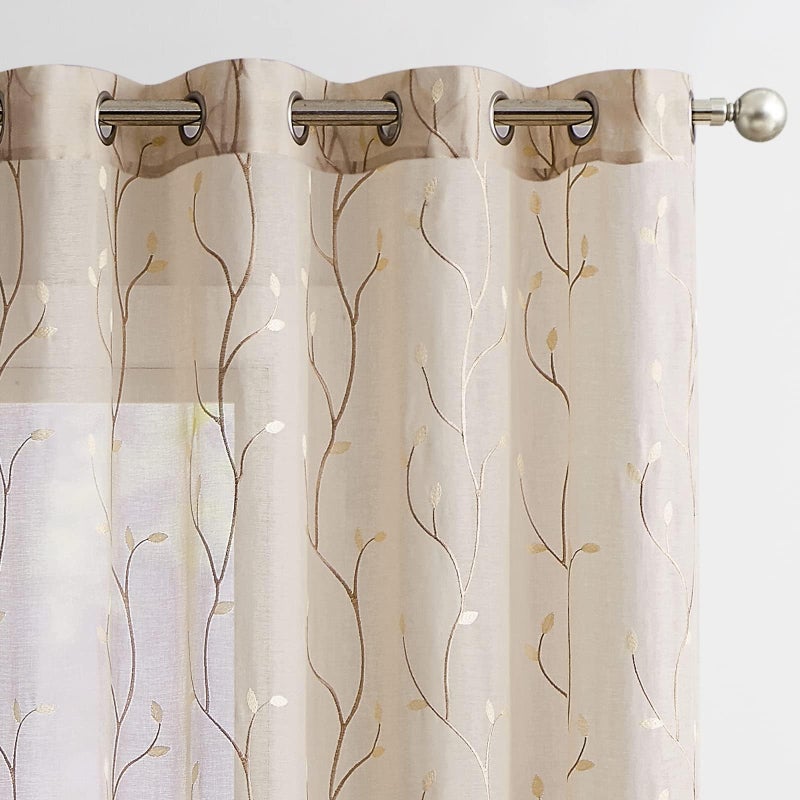 jinchan Sheer Curtains for Bedroom 63 Inch Length Leaf Embroidered Semi Sheers for Living Room Botanical Embroidery Voile Transparent Grommet Window Treatments 2 Panels - Image 1